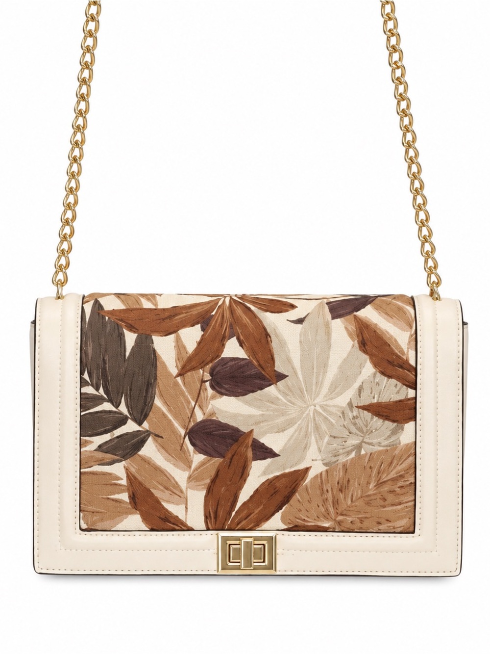 INC White Leather Crossbody Bag with Neutral Leaf Print